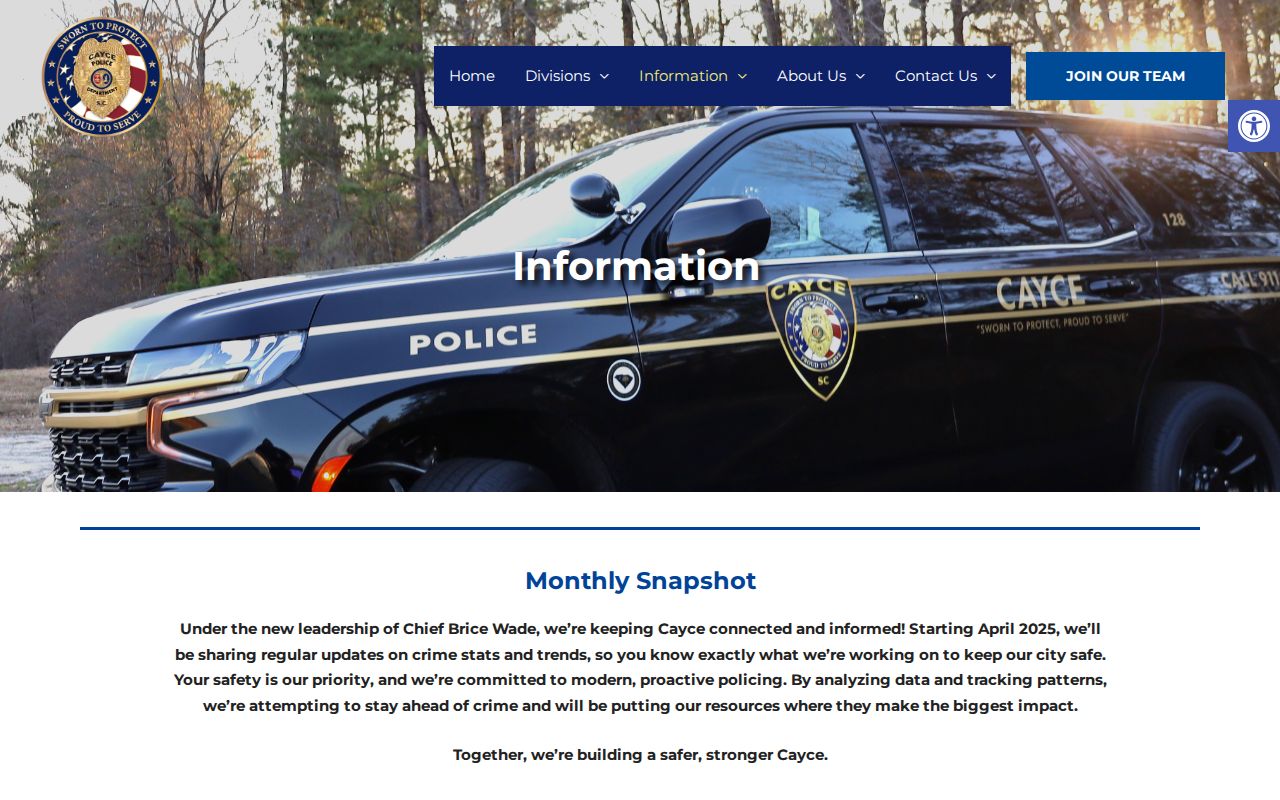 Richland County Cayce Police Department monthly crime-stat information page for Cayce public-safety context