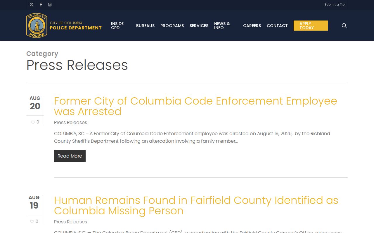 Richland County Columbia Police Department press-release archive for Columbia arrest announcements