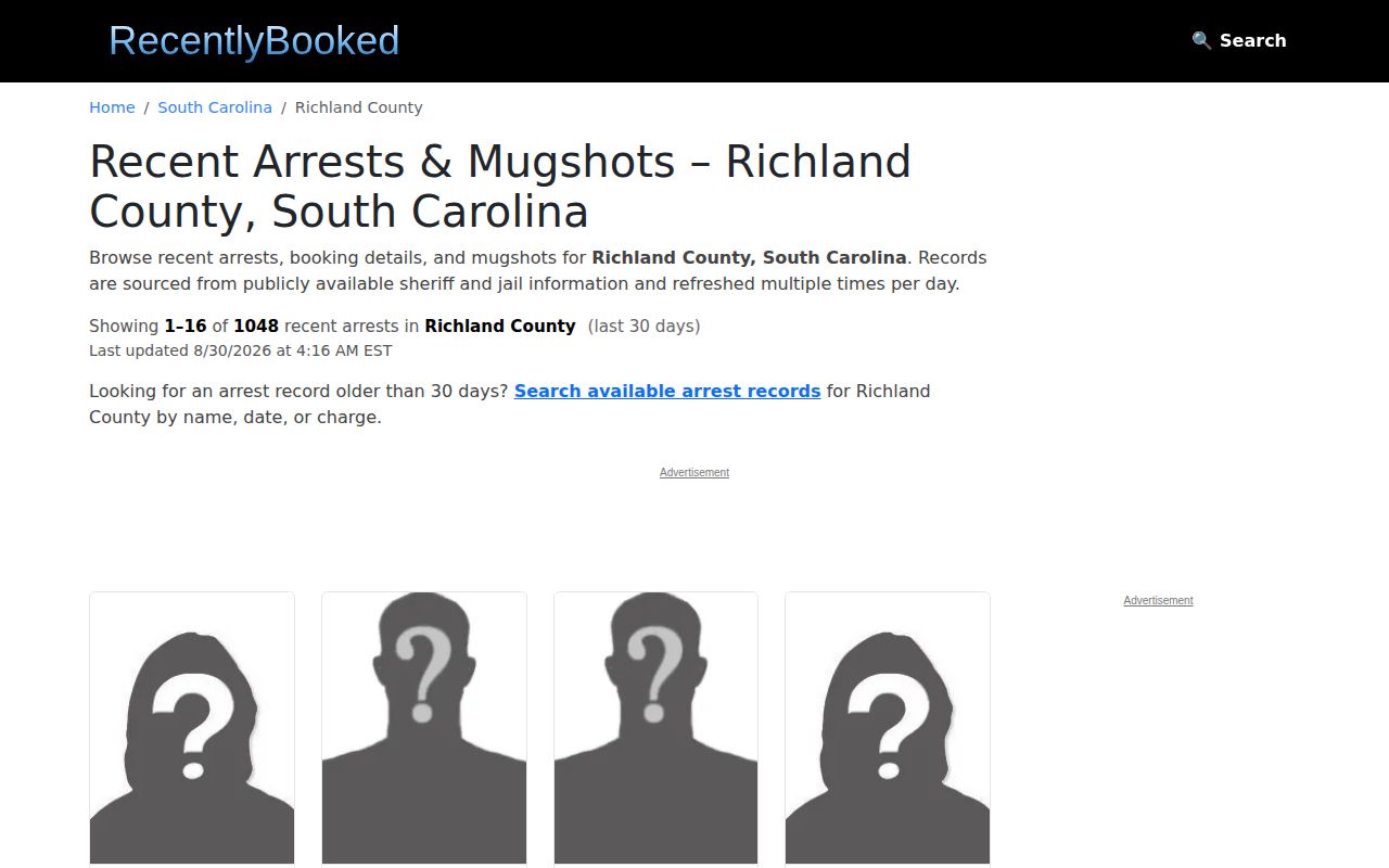 Richland County unofficial recent-booking publisher page at RecentlyBooked