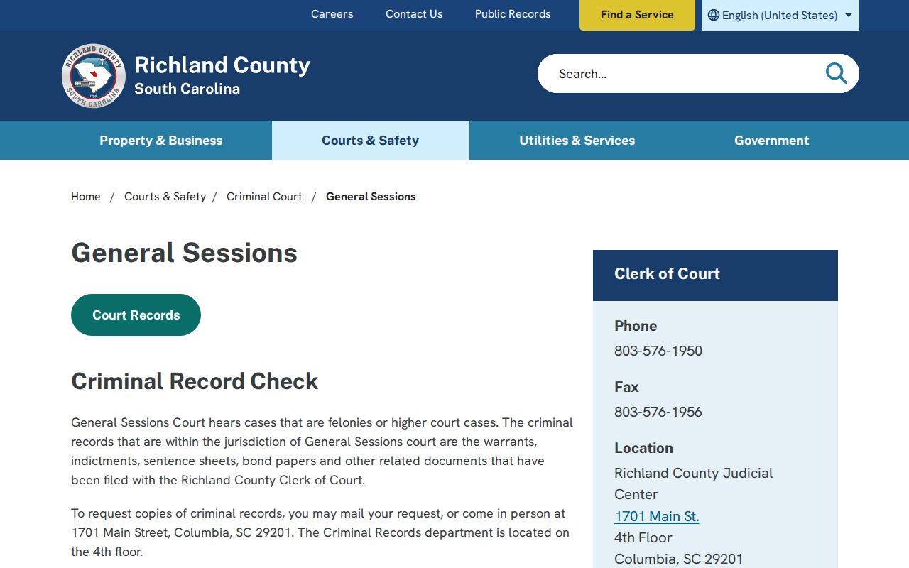 Richland County General Sessions Clerk records page for booking-related court disposition