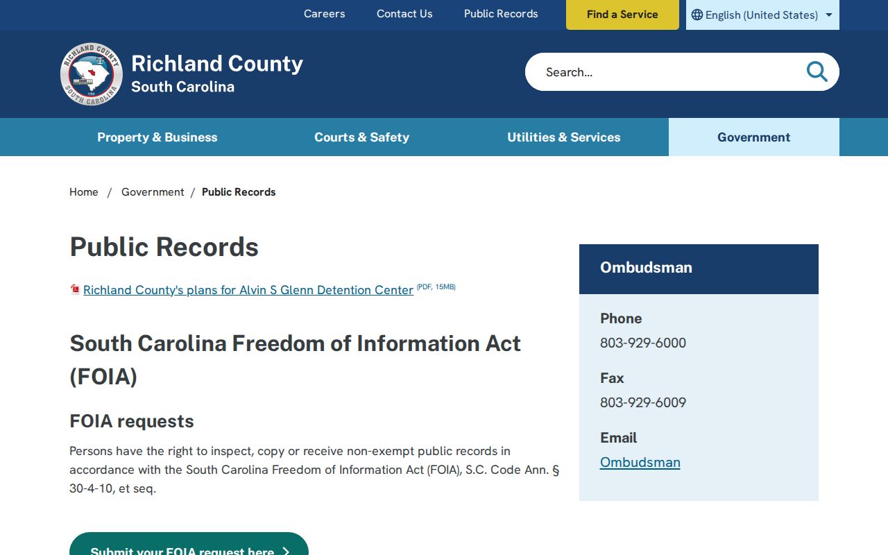 Richland County public records portal for detention booking record requests