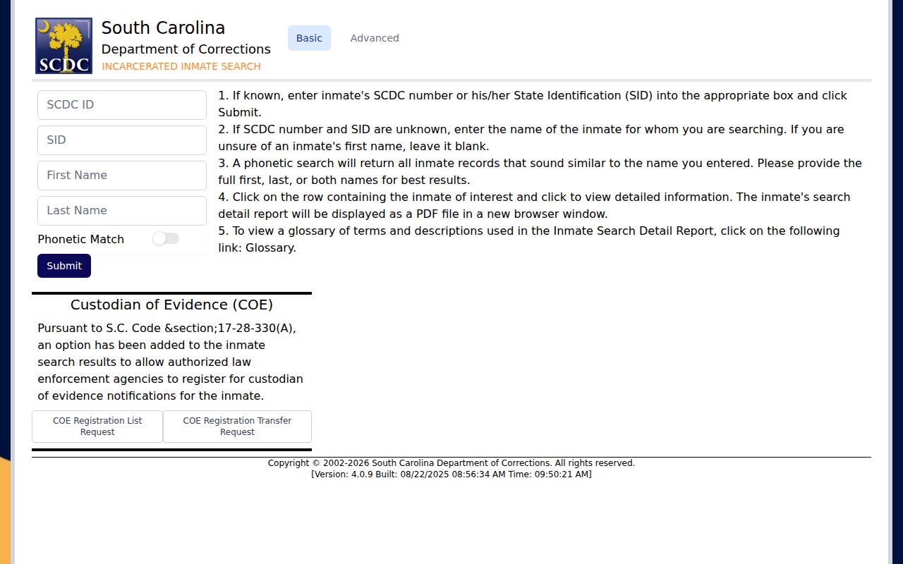 South Carolina Department of Corrections direct search for Richland County state-prison custody questions