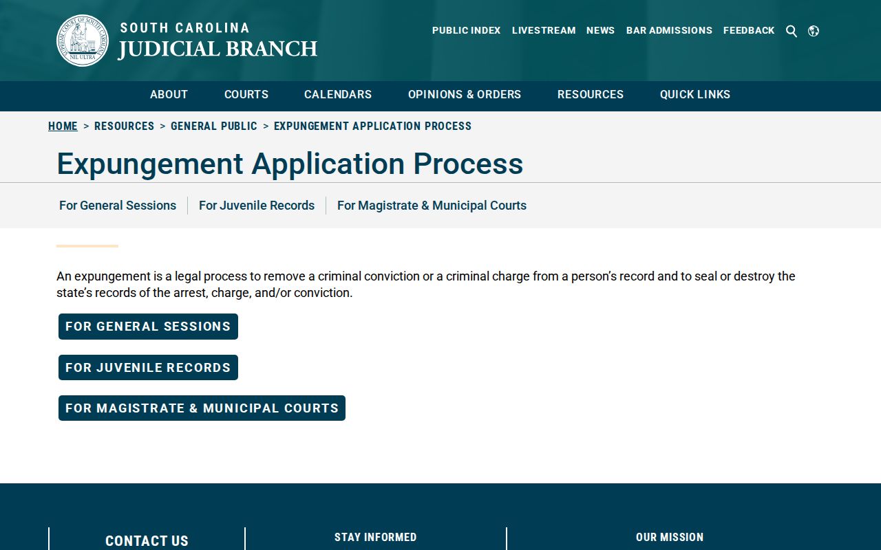 South Carolina Judicial Branch expungement process for Richland County arrest records