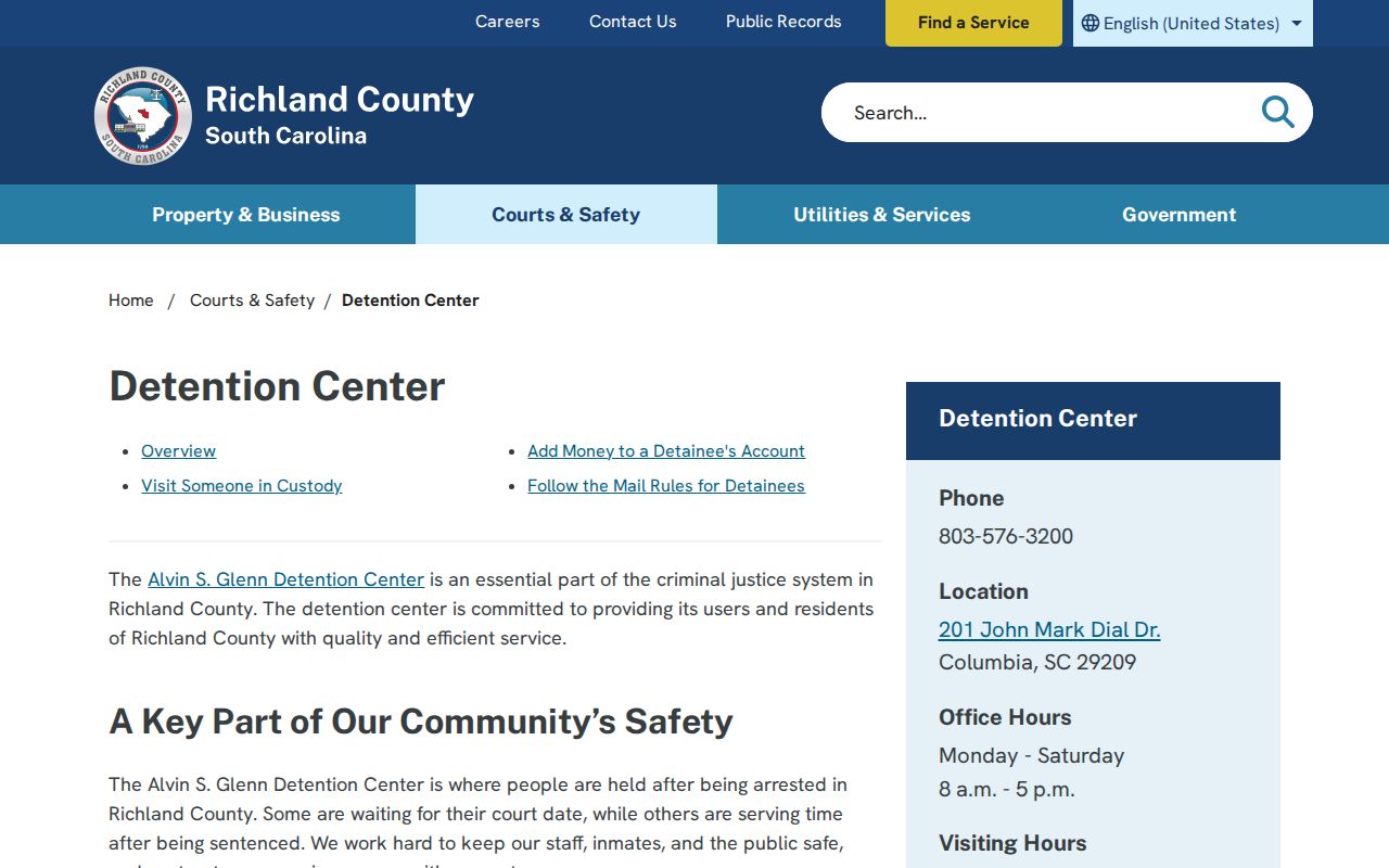 Richland County detention center page for Alvin S. Glenn Detention Center booking records