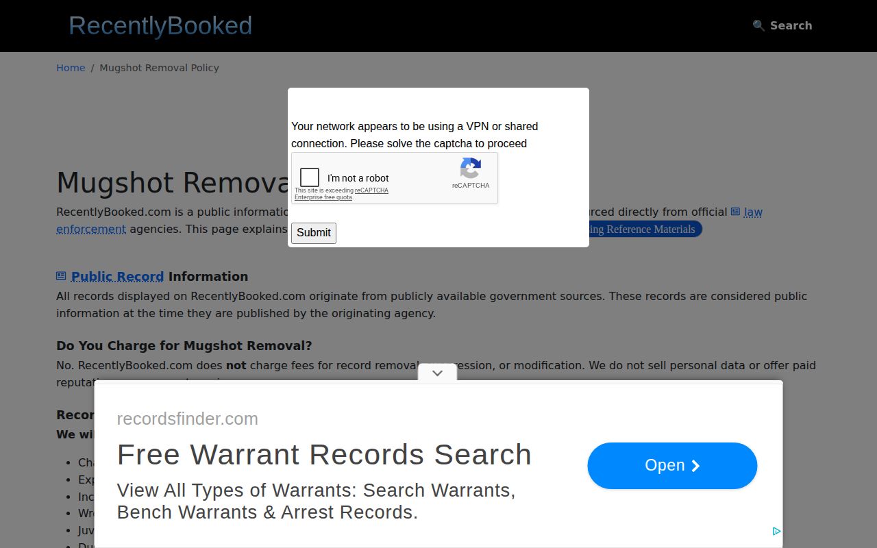 Unofficial RecentlyBooked free removal policy relevant to Richland County booking record corrections