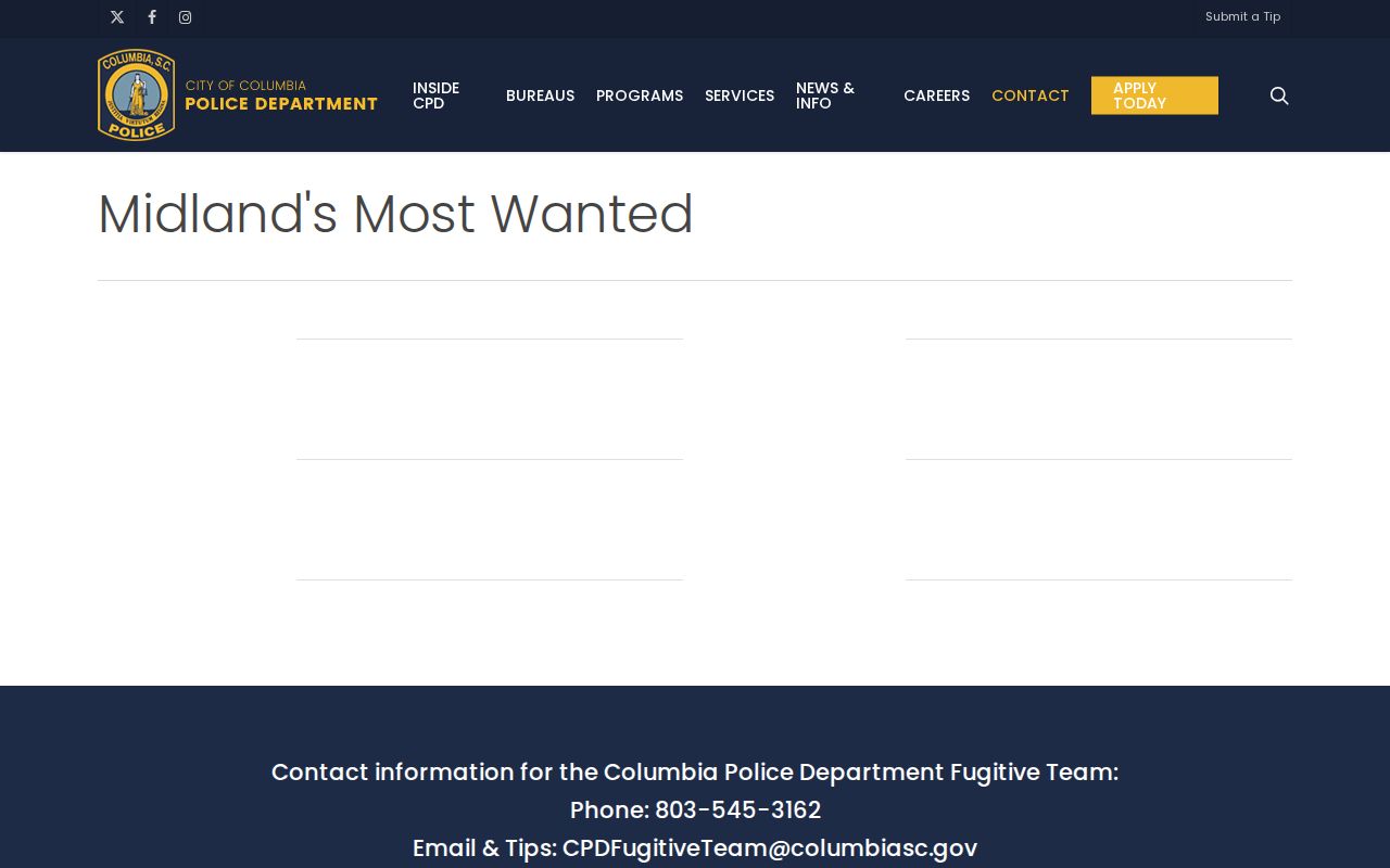 Richland County warrant information on the Columbia Police Department Fugitive Team contact page