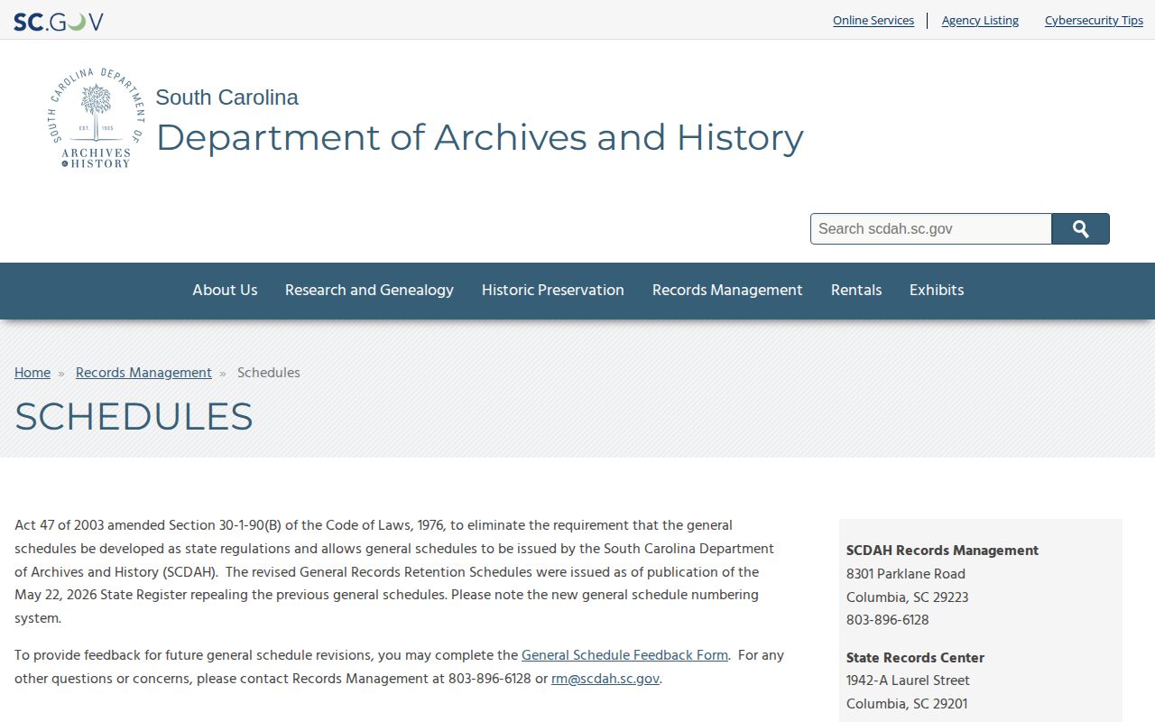 South Carolina archives retention schedules for Richland County historical booking record questions